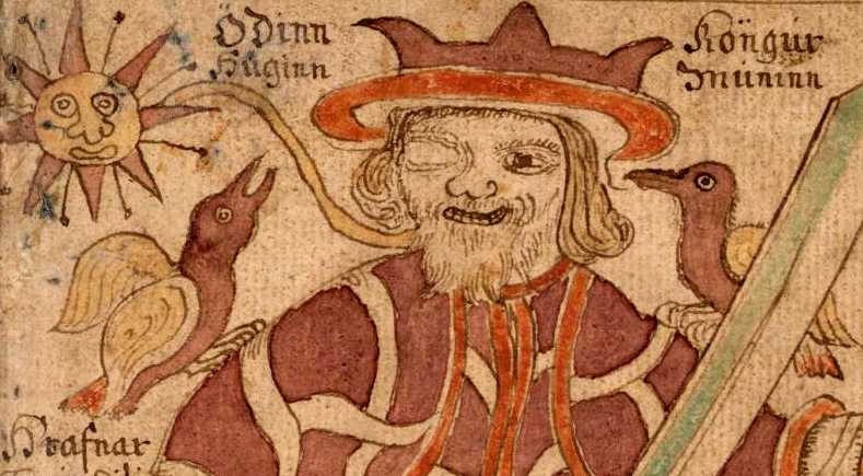 The two ravens Huginn and Muninn on Odin's shoulders. The two ravens Huginn and Muninn on Odin's shoulders. Image from the 18th century Icelandic manuscript "SÁM 66", now in the care of the Árni Magnússon Institute in Iceland