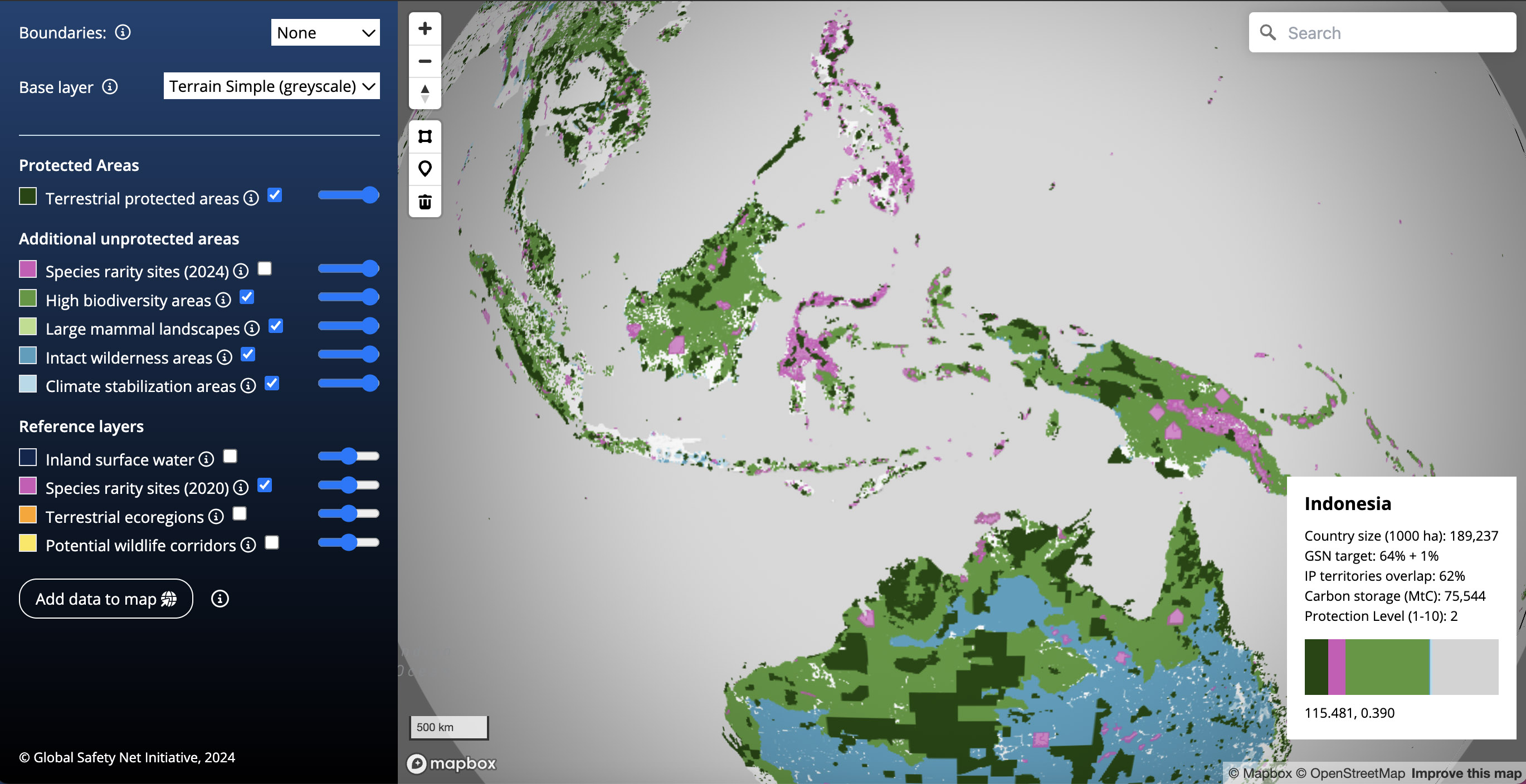 The Global Safety Net map viewer, showing rare species areas across Indonesia. Image from Global Safety Net (GSN) initiative. The Global Safety Net map viewer, showing rare species areas across Indonesia. Image from Global Safety Net (GSN) initiative.
