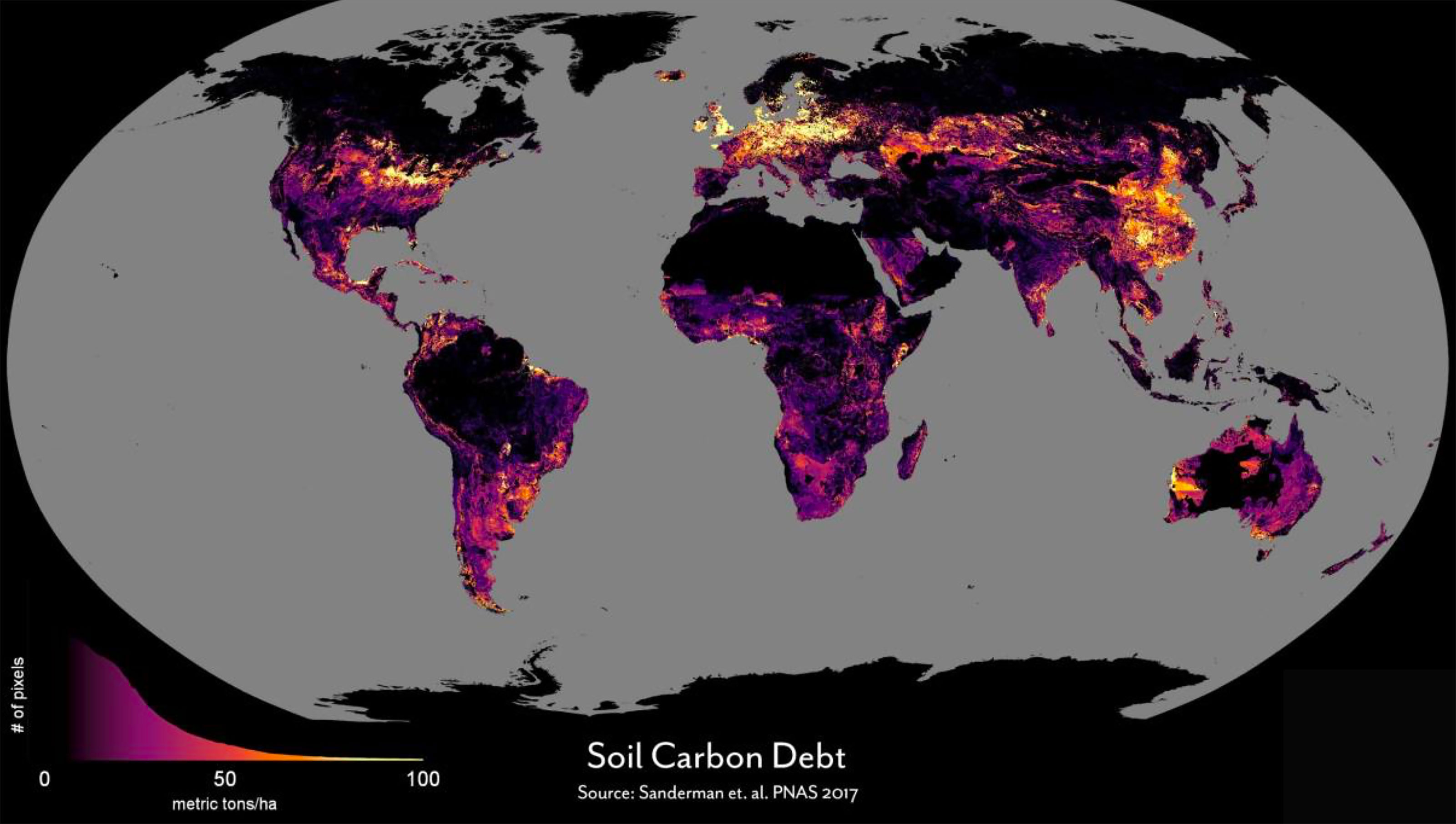 Soil Carbon debt of 12,000 years of land use. Soil Carbon debt of 12,000 years of land use. Image credit: Courtesy of Woodwell Climate Research Center and Jonathan Sanderman