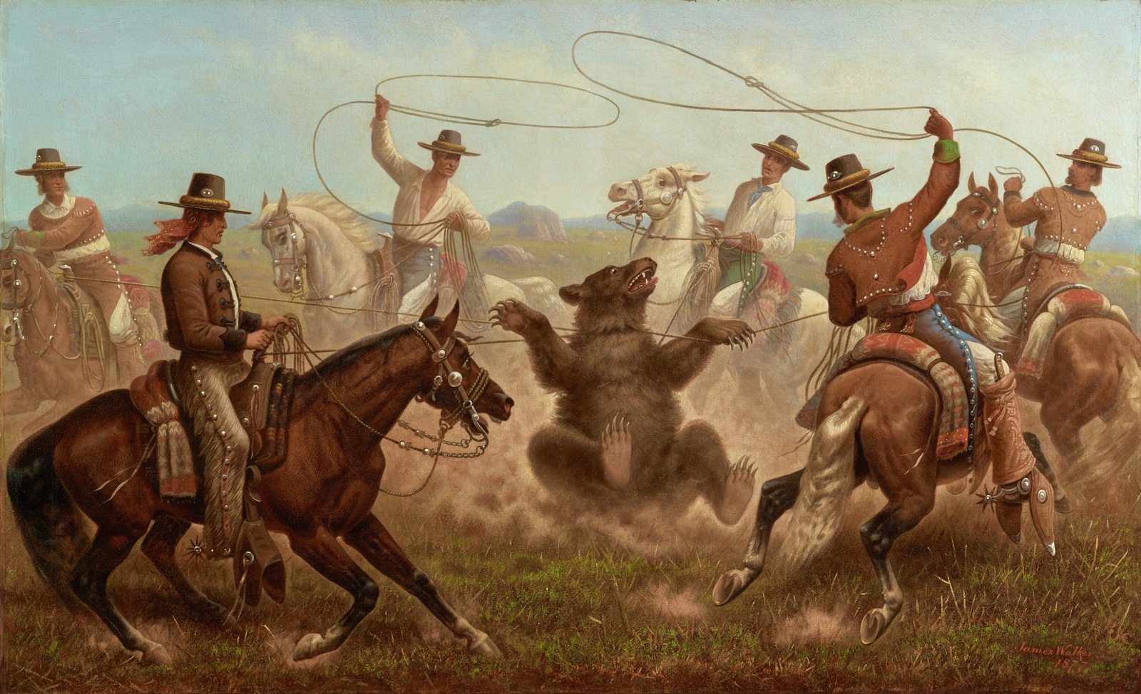 The sport of roping California grizzly bears is dramatically illustrated in James Walker’s 1877 Cowboys Roping a Bear. Courtesy of the Fred E. Gates Collection, 1955.87. Image Credit. Courtesy of The Denver Art Museum. The sport of roping California grizzly bears is dramatically illustrated in James Walker’s 1877 Cowboys Roping a Bear. Courtesy of the Fred E. Gates Collection, 1955.87. Image Credit. Courtesy of The Denver Art Museum.