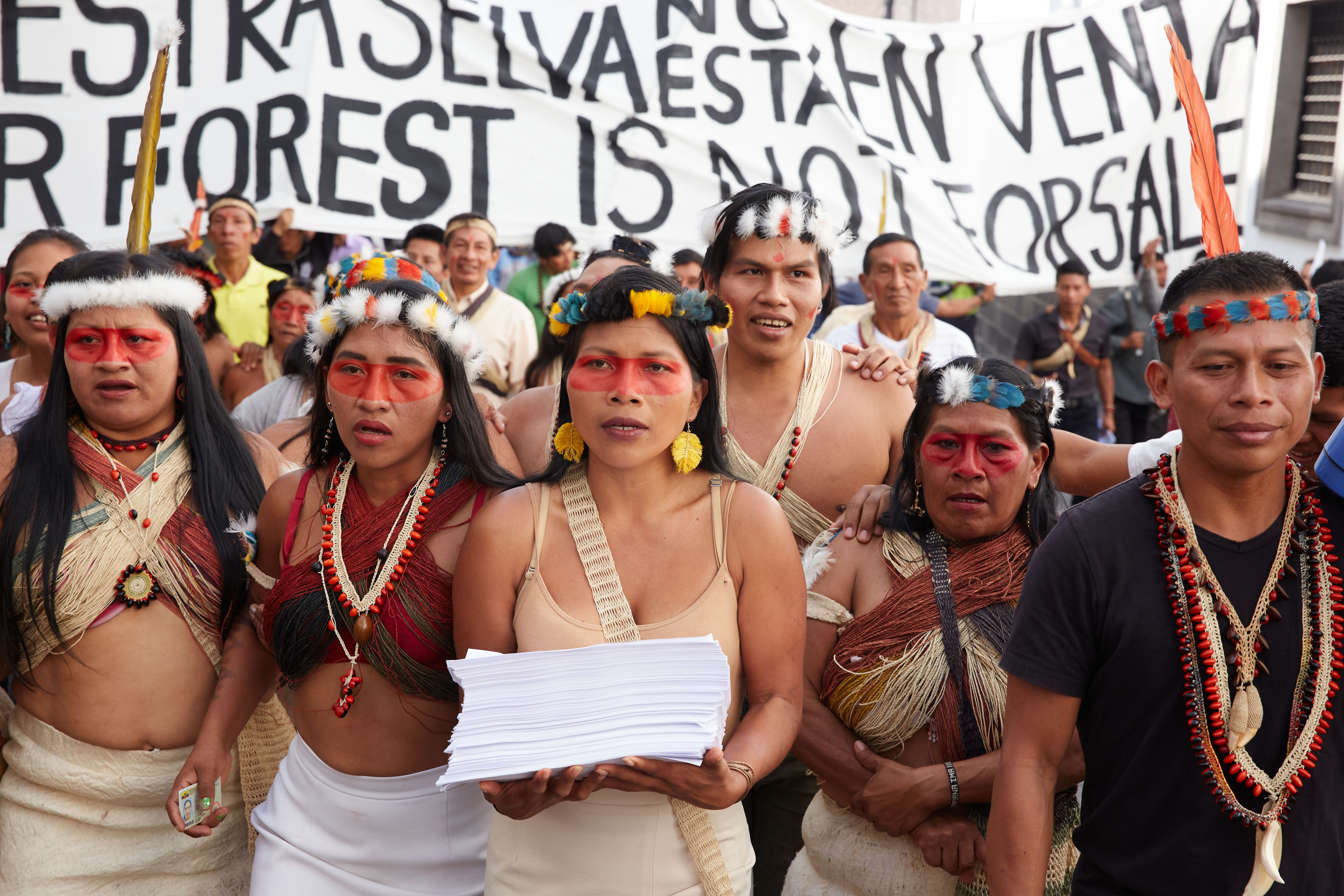 Nemonte Nenquimo’s global campaign, "Our Rainforest is Not for Sale," united people worldwide, collecting over 378,000 signatures to protect Indigenous land from oil extraction. Image Credit: Courtesy of Amazon Frontlines. Nemonte Nenquimo’s global campaign, "Our Rainforest is Not for Sale," united people worldwide, collecting over 378,000 signatures to protect Indigenous land from oil extraction. Image Credit: Courtesy of Amazon Frontlines.
