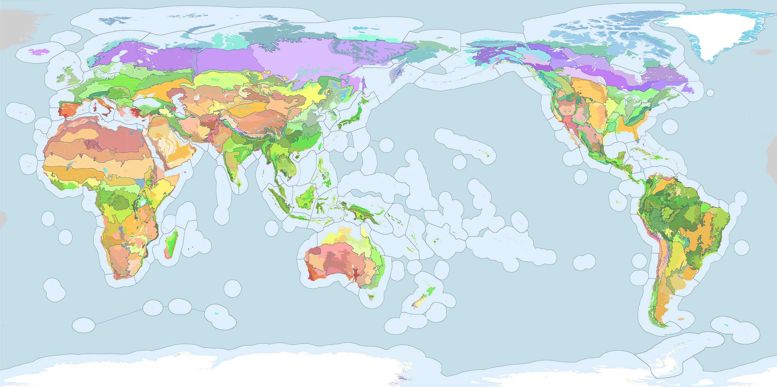 The 844 terrestrial ecoregions of the Earth (Dinerstein et al. 2017) overlayed with One Earth's Bioregions polygons. A finite number of ecoregions are nested within each bioregion The 844 terrestrial ecoregions of the Earth (Dinerstein et al. 2017) overlayed with One Earth's Bioregions polygons. A finite number of ecoregions are nested within each bioregion.