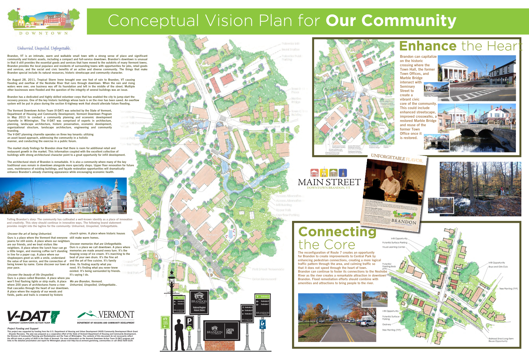 Brandon’s illustrative poster highlights the V-DAT recommendation for downtown, displaying the community brand, the streetscape recommendations and wayfinding signage Brandon’s illustrative poster highlights the V-DAT recommendation for downtown, displaying the community brand, the streetscape recommendations and wayfinding signage