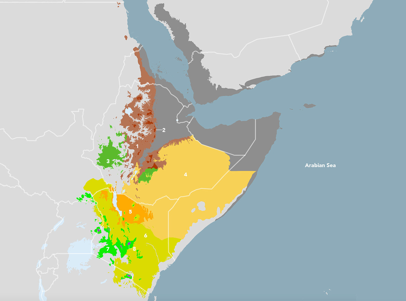 Somali Bushlands & Ethiopian Mountains bioregion map Map of the Somali Bushlands & Ethiopian Mountains bioregion (AT21)