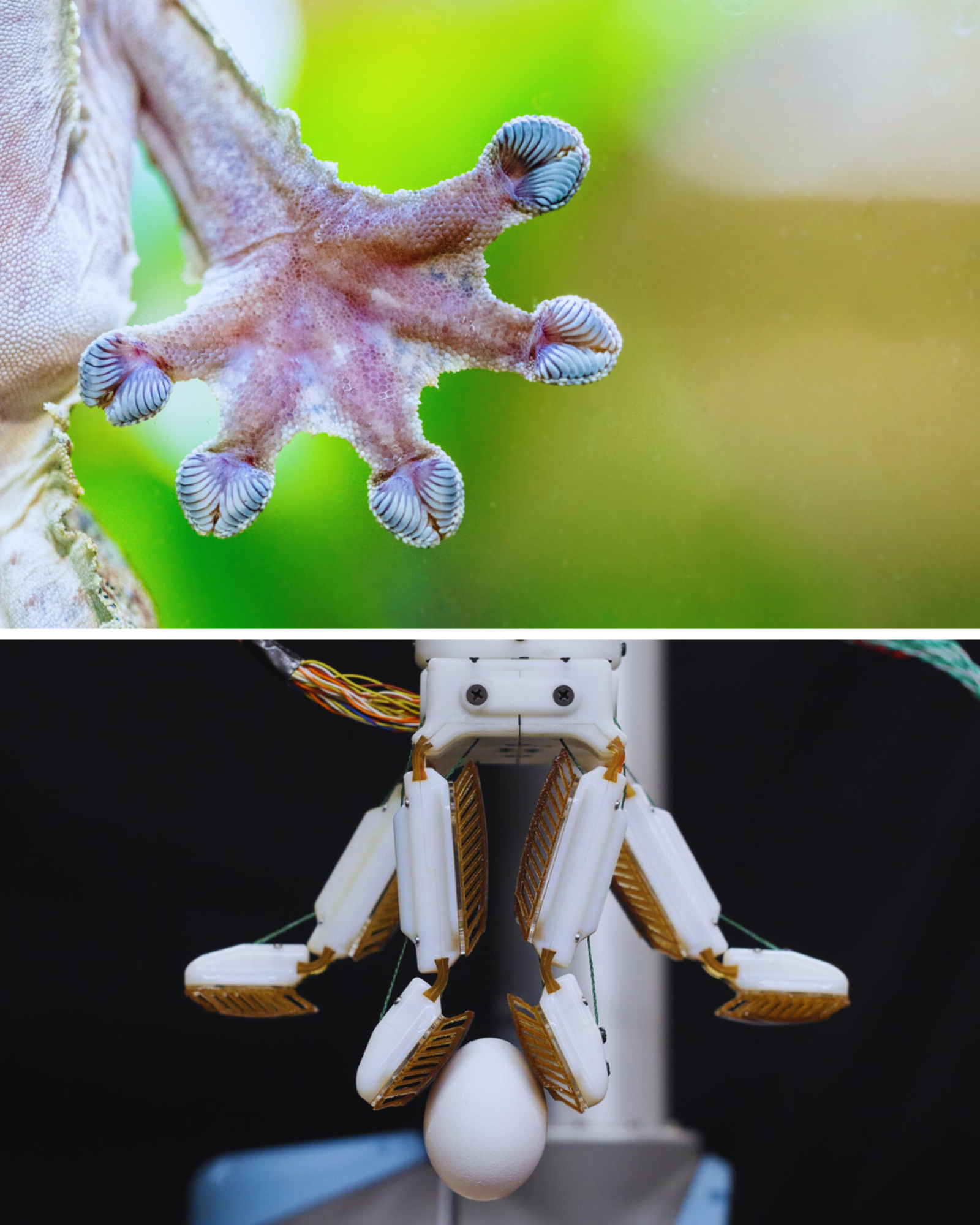 Close-up of a gecko foot on glass vs. Stanford's robo hand performing a highly hyperextended pinch on only the top surface of an egg. Image Credit: © Adogslifephoto, Dreamstime and Stanford's Biomimetics and Dextrous Manipulation Lab.