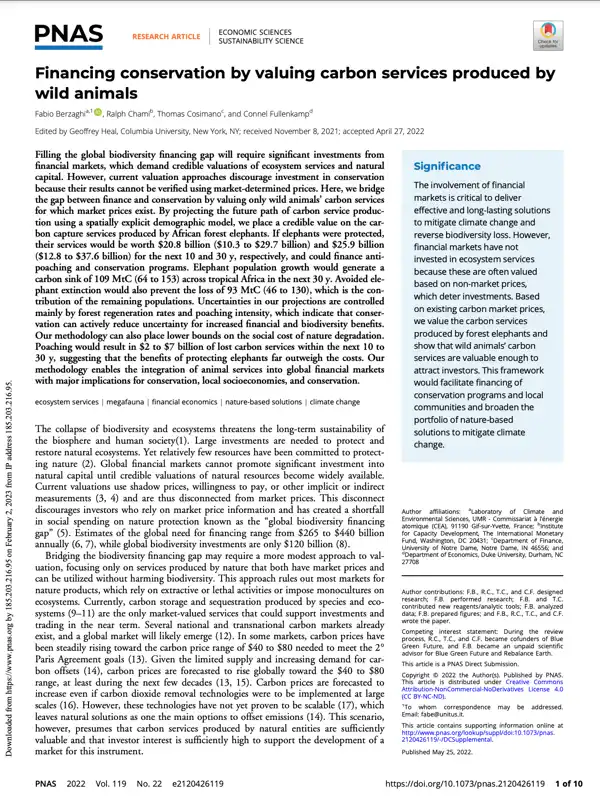Financing conservation by valuing carbon services produced by wild animals