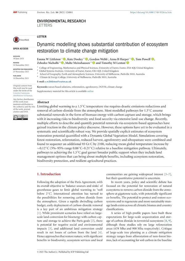 Dynamic modelling shows substantial contribution of ecosystem restoration to climate change mitigation