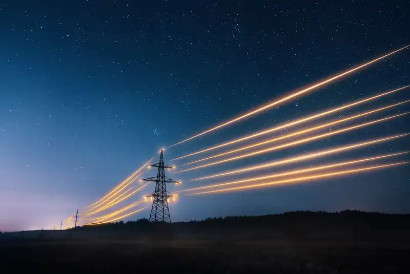 Electricity transmission towers with orange glowing wires against night sky. Photo | iStock