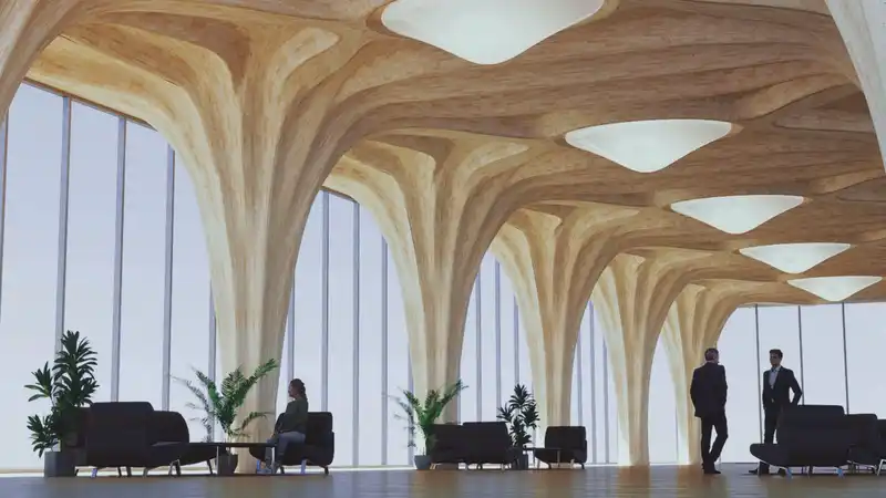 Strong by Form’s wood-based composites bring nature’s design intelligence indoors, forming warm, resilient spaces that balance strength and beauty. Image Credit: Strong by Form.