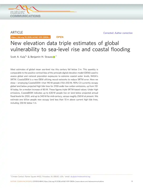 New elevation data triple estimates of global vulnerability to sea-level rise and coastal flooding